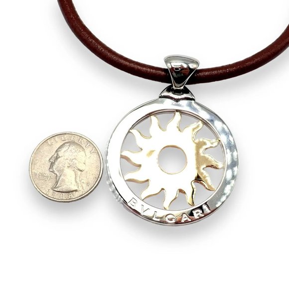 Authentic! Bulgari Tondo Sun 18k Gold Steel Extra Large Pendant Leather Necklace - Picture 9 of 10